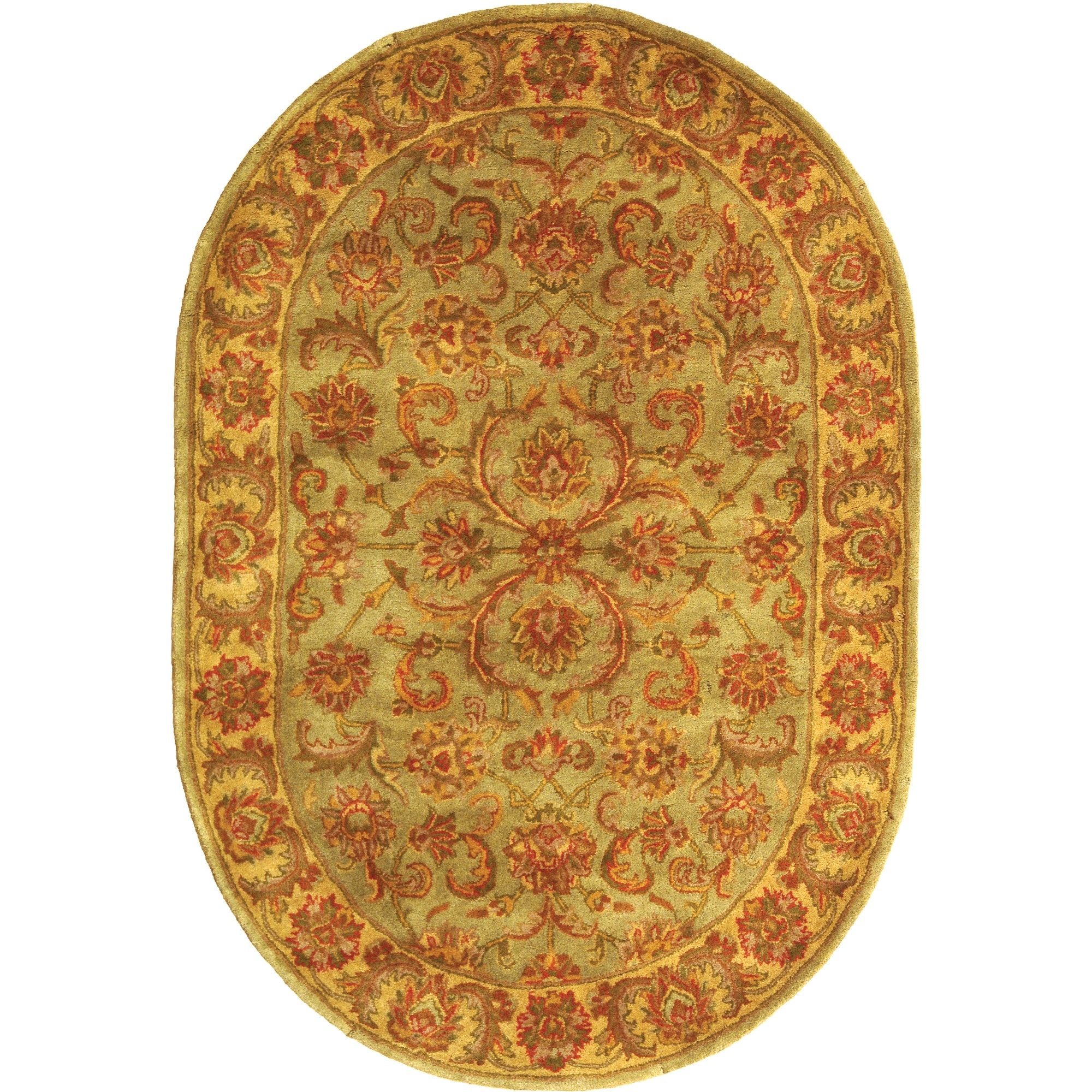 Handmade Heritage Kermansha Green/ Gold Wool Rug (46 X 66 Oval)