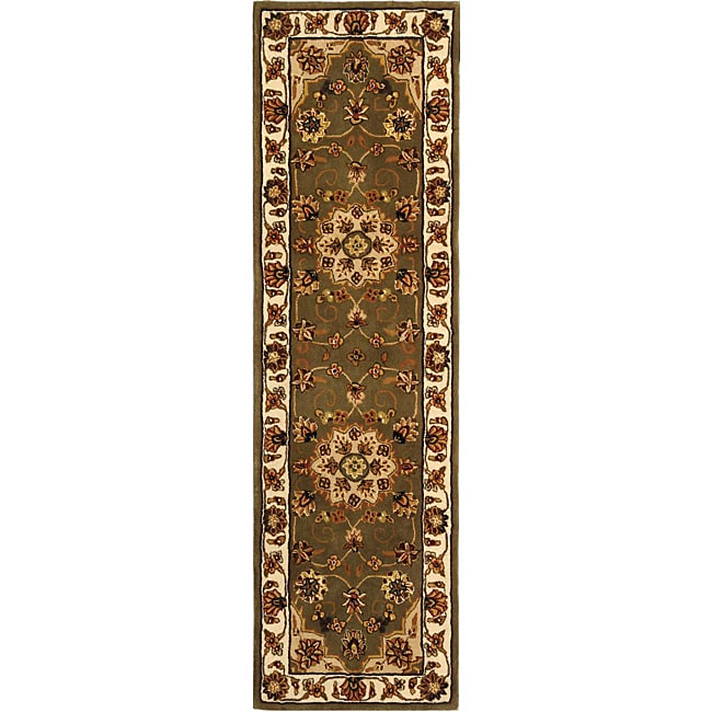 Handmade Tabriz Green/ Ivory Wool And Silk Runner (23 X 12)