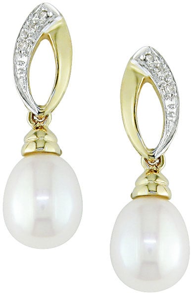 Miadora 10k Yellow Gold Diamond and Cultured Freshwater Pearl Drop Earrings (7-8 mm) with Bonus Earrings