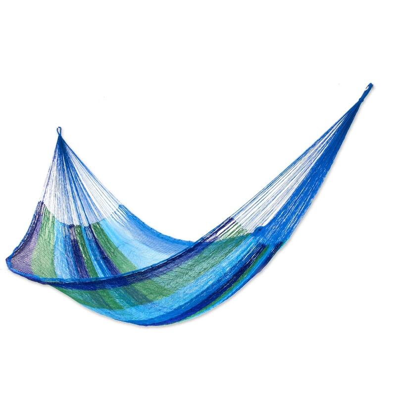 Striped Outdoor Pool Shade Knotted Rope Nylon Double Hammock - Blue
