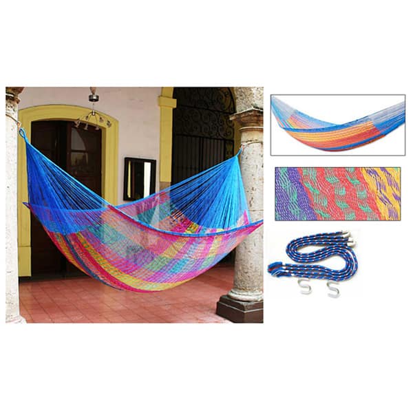 Handmade Rainbow Seascape Stripe Knotted Hammock (Mexico)