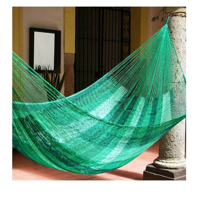 Caribbean Shades of Green Stripe Hand Knotted Rope Style Double Hammock