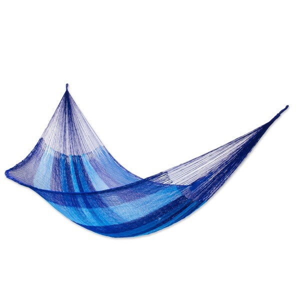 Azure Caribbean Outdoor Beach Garden Patio Pool Blue and Black Stripe Handmade Knotted Rope Style Ny