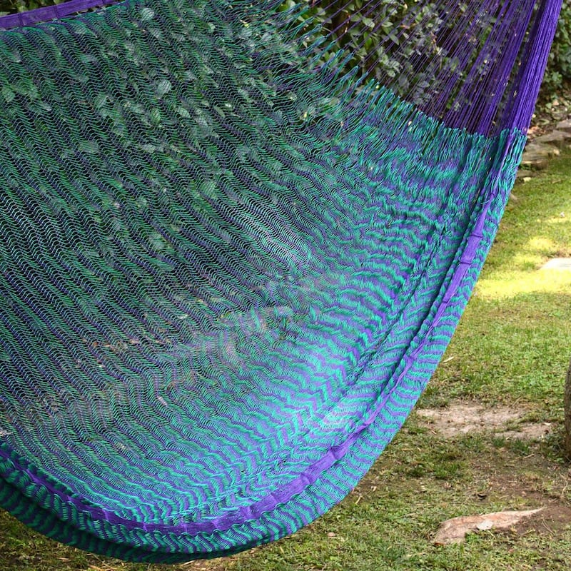 Handmade Green Stripe Knotted Rope Hammock (Mexico)