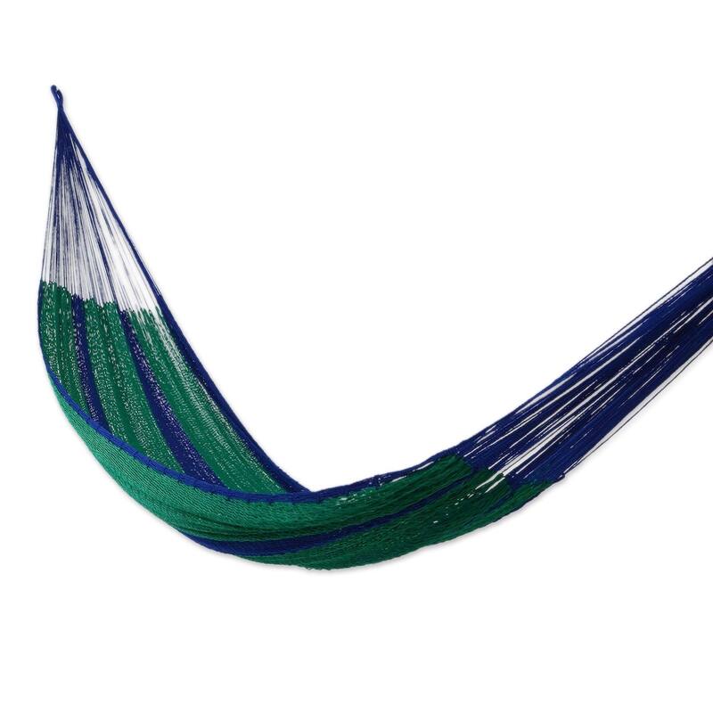 Handmade Green Stripe Knotted Rope Hammock (Mexico) - Royal Pheasant Large Deluxe Hammock with Accessories (MEXICO)