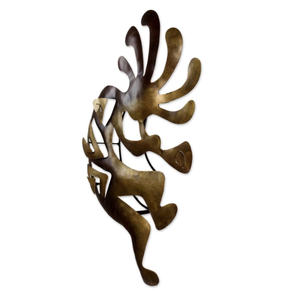 Kokopelli Peace Indoor Outdoor Decorator Accent Brown and Gold Iron Flute Player Large Rustic Metal Wall Art Sculpture