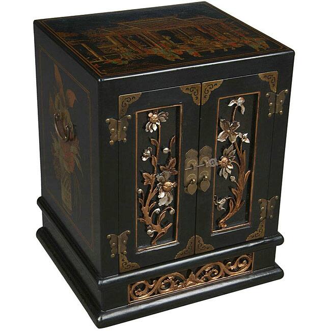 Hand-painted Oriental End Table - Black - Green/Red