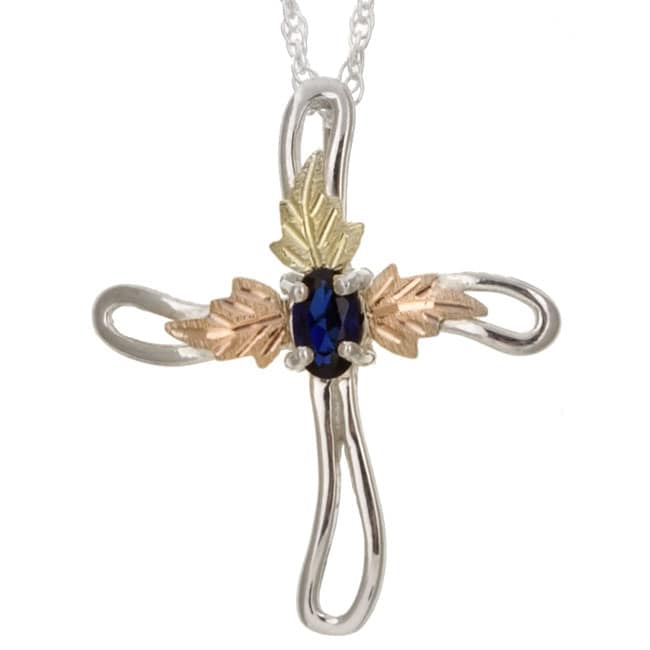 Black Hills Gold and Silver Sapphire Cross Necklace  