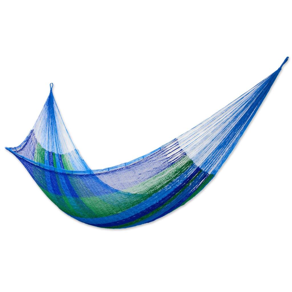 Sea Breeze Outdoor Garden Patio Pool Shades of Blue and Green Stripe Knotted Rope Style Nyl
