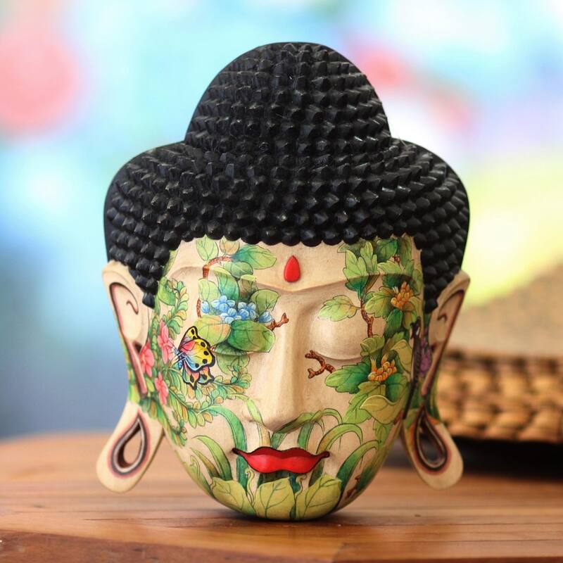Handmade Delighted Buddha with Flowers and Buterflies (Indonesia)