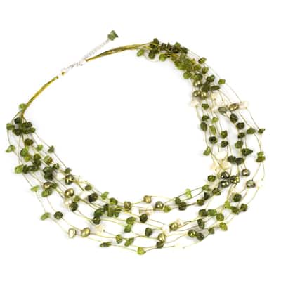 Handmade Brass Peridot and Pearl Beaded Necklace (Thailand) - Green