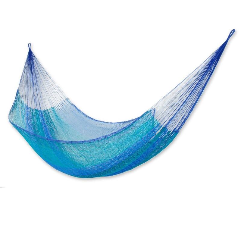 Cool Turquoise and Blue Stripe Hand Knotted Rope Style Nylon Single Hammock