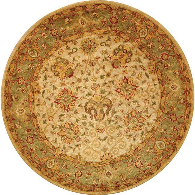 Handmade Antiquities Mashad Ivory/ Green Wool Rug (8 Round)