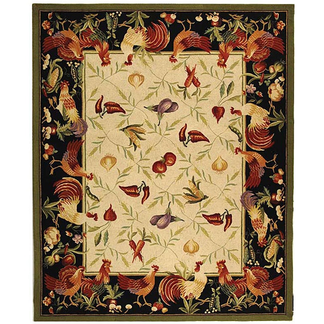 Hand hooked Rooster Garden Ivory/ Black Wool Rug (79 X 99)