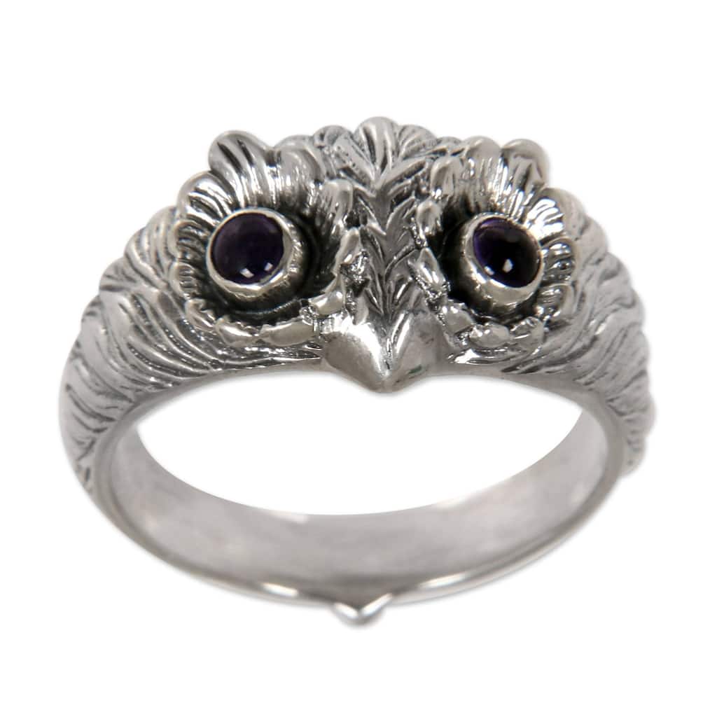 NOVICA Handmade Too Cute Owl Wisdom Eyes of Purple Amethyst Ring (Indonesia)