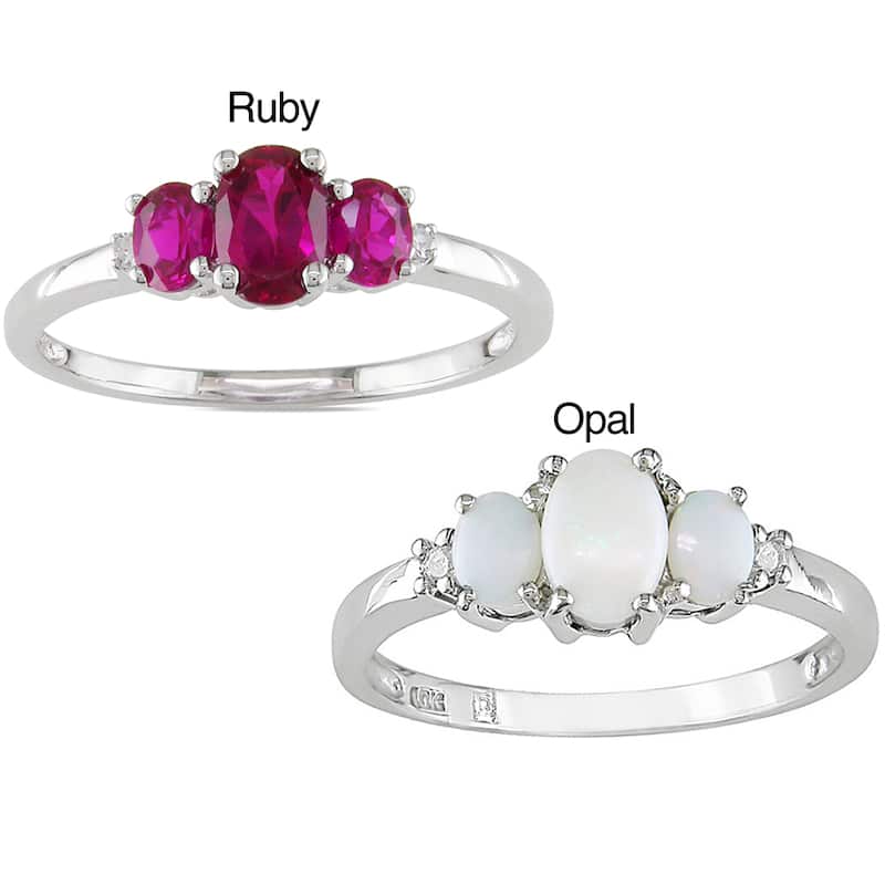 Miadora 10k White Gold Opal or Created Ruby and Diamond 3-stone Ring