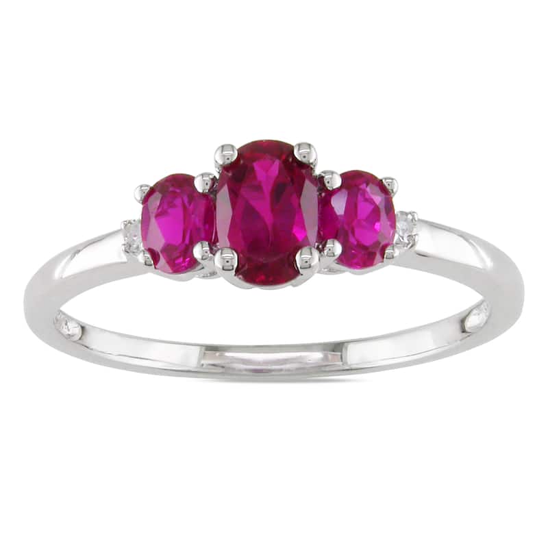 Miadora 10k White Gold Opal or Created Ruby and Diamond 3-stone Ring