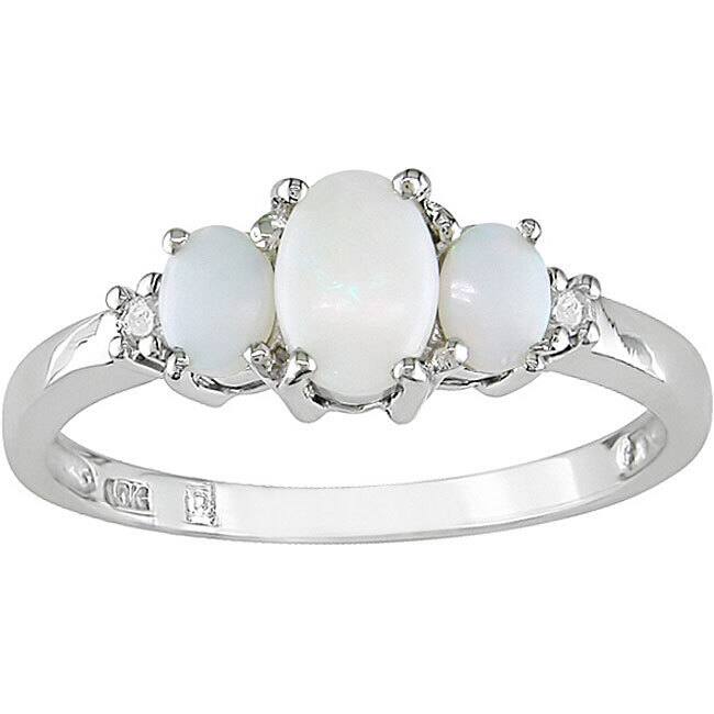 Miadora 10k White Gold Opal or Created Ruby and Diamond 3-stone Ring - 5 - Opal