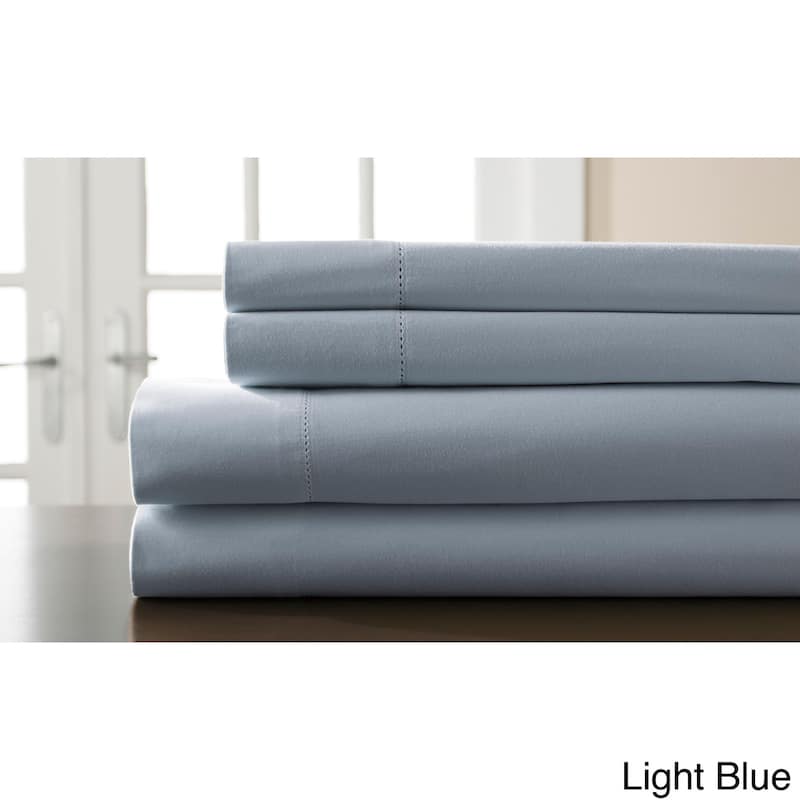 Hemstitch 400 Thread Count Cotton Sateen Weave Solid Color Sheet Set - Light Blue - Full