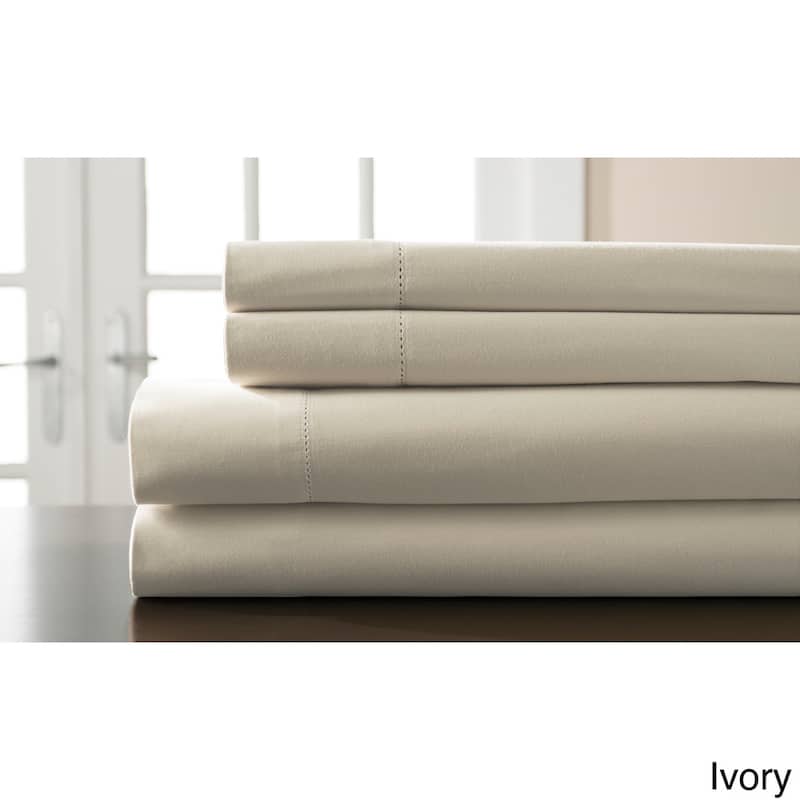 Hemstitch 400 Thread Count Cotton Sateen Weave Solid Color Sheet Set - Ivory - Twin