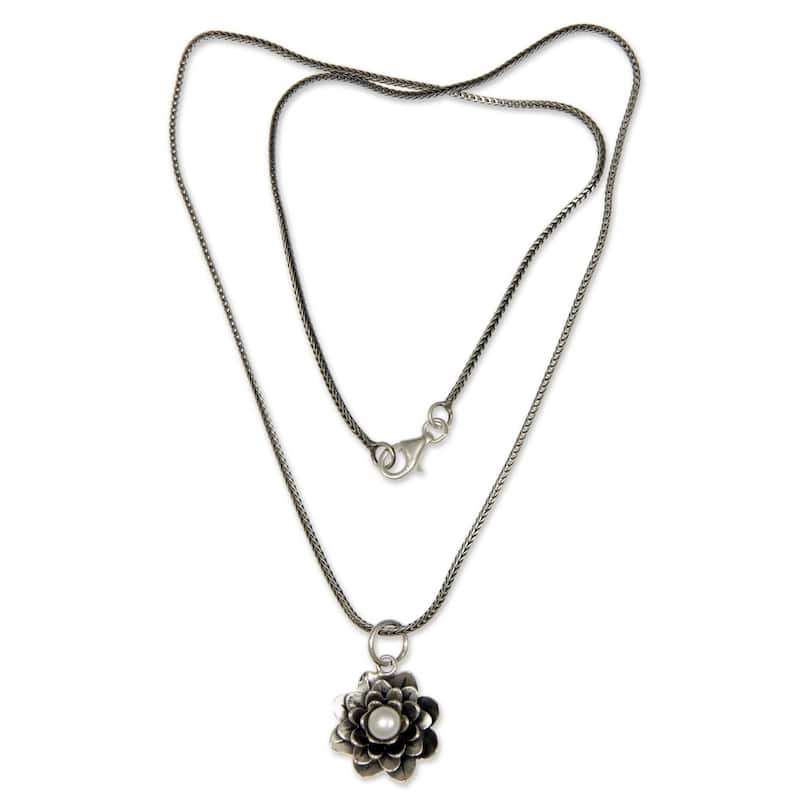 NOVICA Handmade Sterling Silver Flower Pearl Gemstone Necklace (Bali) - 7'6" x 9'6" - 7'6" x 9'6" - 18 Inch - White - White