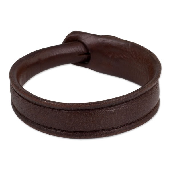 Sleek Chic Handmade Bangle Like Burnished Brown Leather With Sleek Chic Handmade Bangle Like Burnished Brown Leather With Hill Tribe Bell Bead Closure Womens Wristband