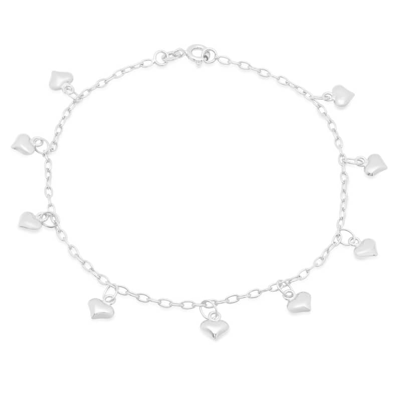 Sterling Silver Dangling Heart Anklet by Roberto Martinez - White