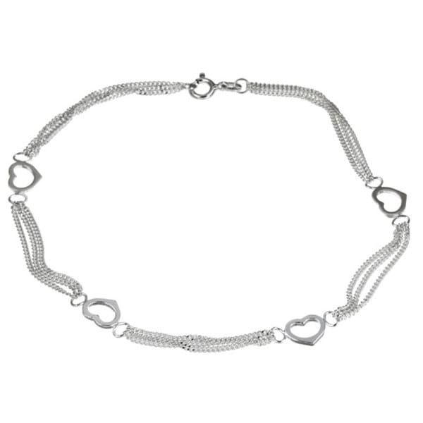 Sterling Silver 10-inch Triple Curb Link Heart Stations Anklet