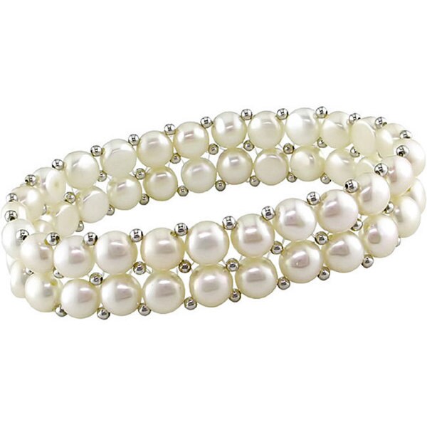 Shop Miadora Cultured Freshwater Pearl and Silver Bead 2-row Elastic ...