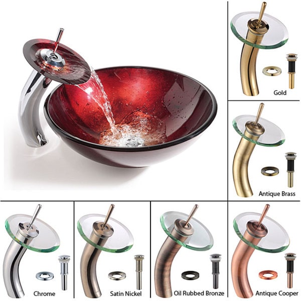 KRAUS Irruption Glass Vessel Sink in Red with Single Hole Single-Handle Waterfall Faucet in Satin Nickel