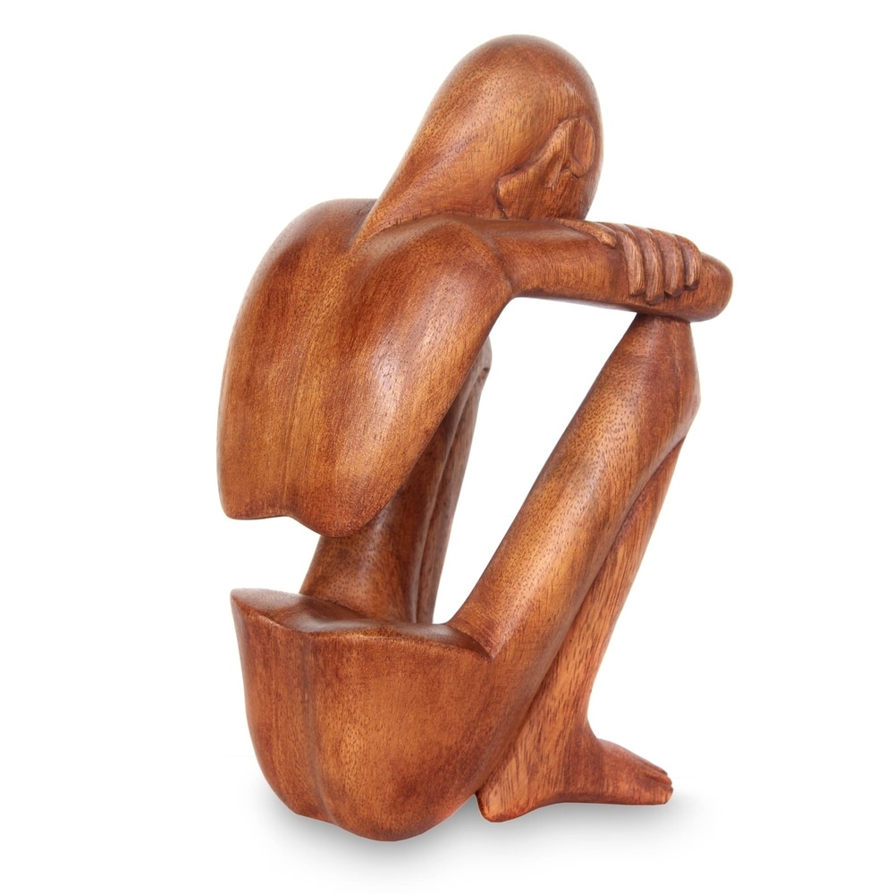 Hand-Carved Semi-Abstract Suar Wood Sculpture of Woman, 'My Time