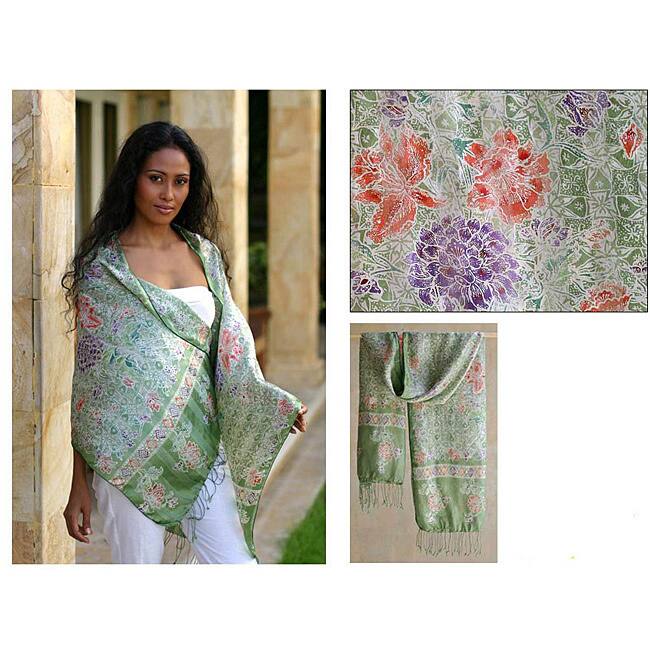 Silk 'Jade Mums' Batik Shawl