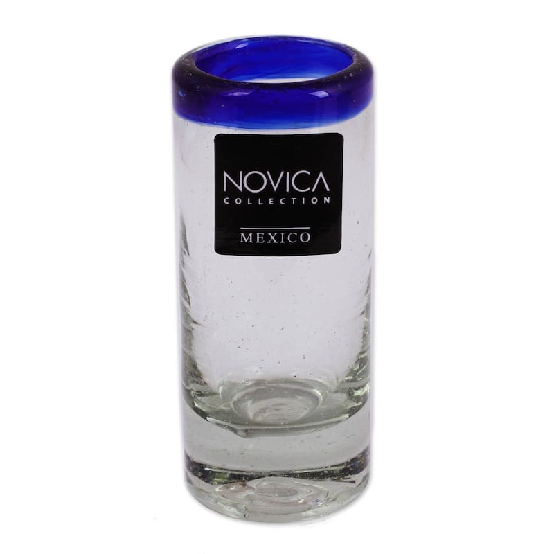 NOVICA Artisan Handblown Recycled Tequila Glassware Blue Rim Shot Clear Mexican Drinking glasses 'Cobalt Classics'(Set of 6)