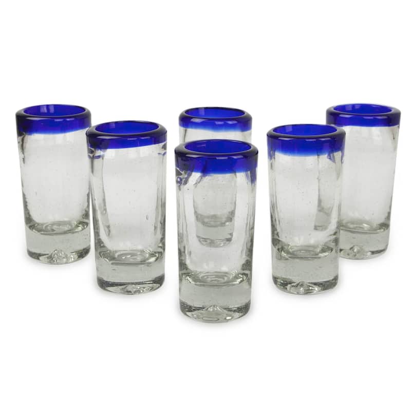 NOVICA Artisan Handblown Recycled Tequila Glassware Blue Rim Shot Clear Mexican Drinking glasses 'Cobalt Classics'(Set of 6)