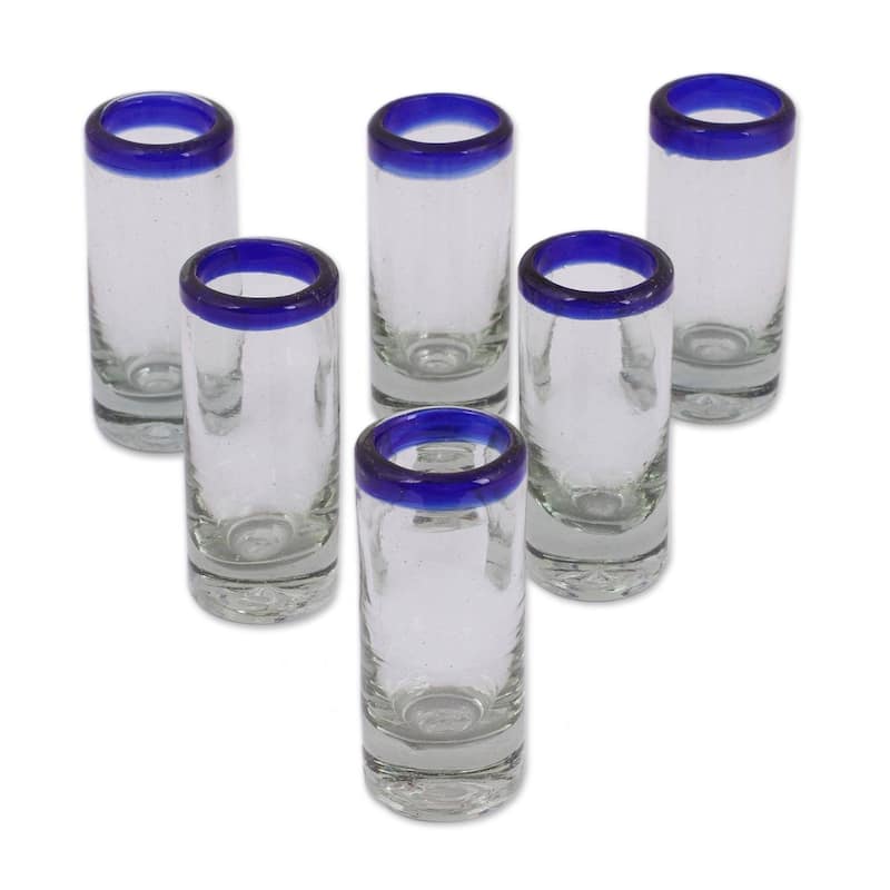 NOVICA Artisan Handblown Recycled Tequila Glassware Blue Rim Shot Clear Mexican Drinking glasses 'Cobalt Classics'(Set of 6) - 6 Piece