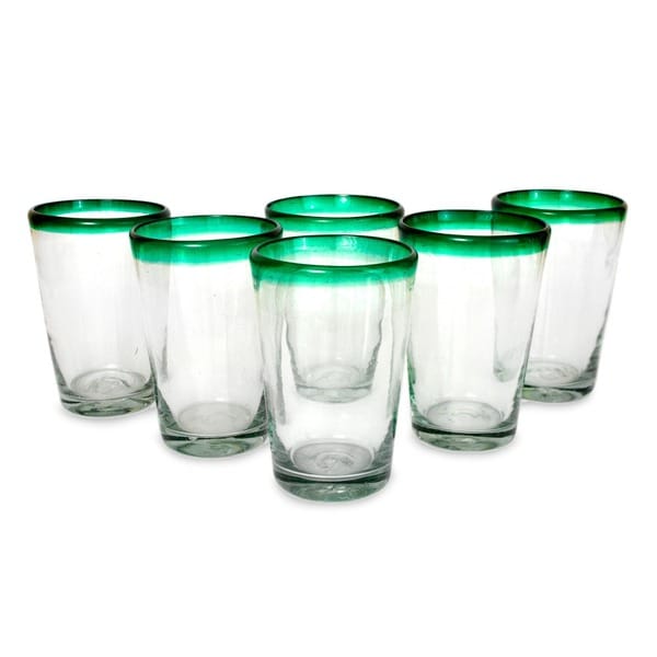 Shop Hand Blown Set of 6 Green Rim Conical Drinking Glasses (MEXICO