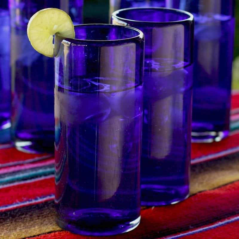 Novica Artisan Handblown Recycled Glass Highball Blue Cocktail Drinkware Mexican Tableware Pure 4222