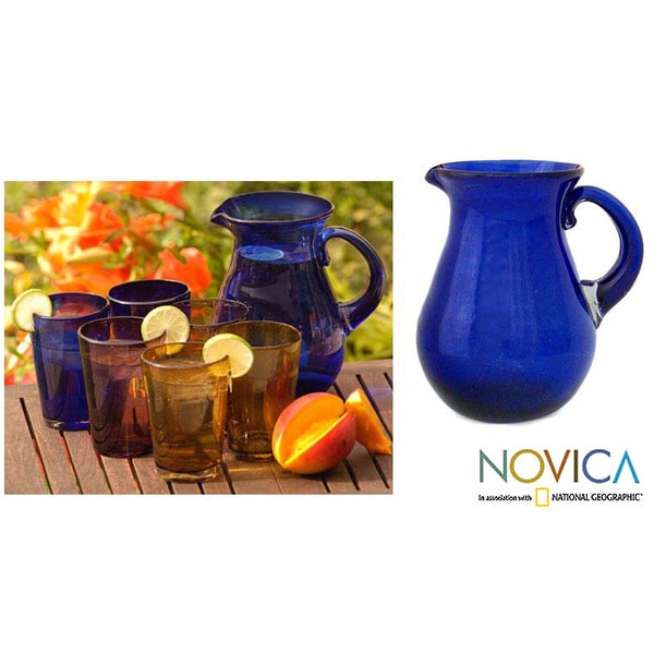 Glass 'Cobalt Charm' Pitcher (Mexico) Novica Serving Pieces