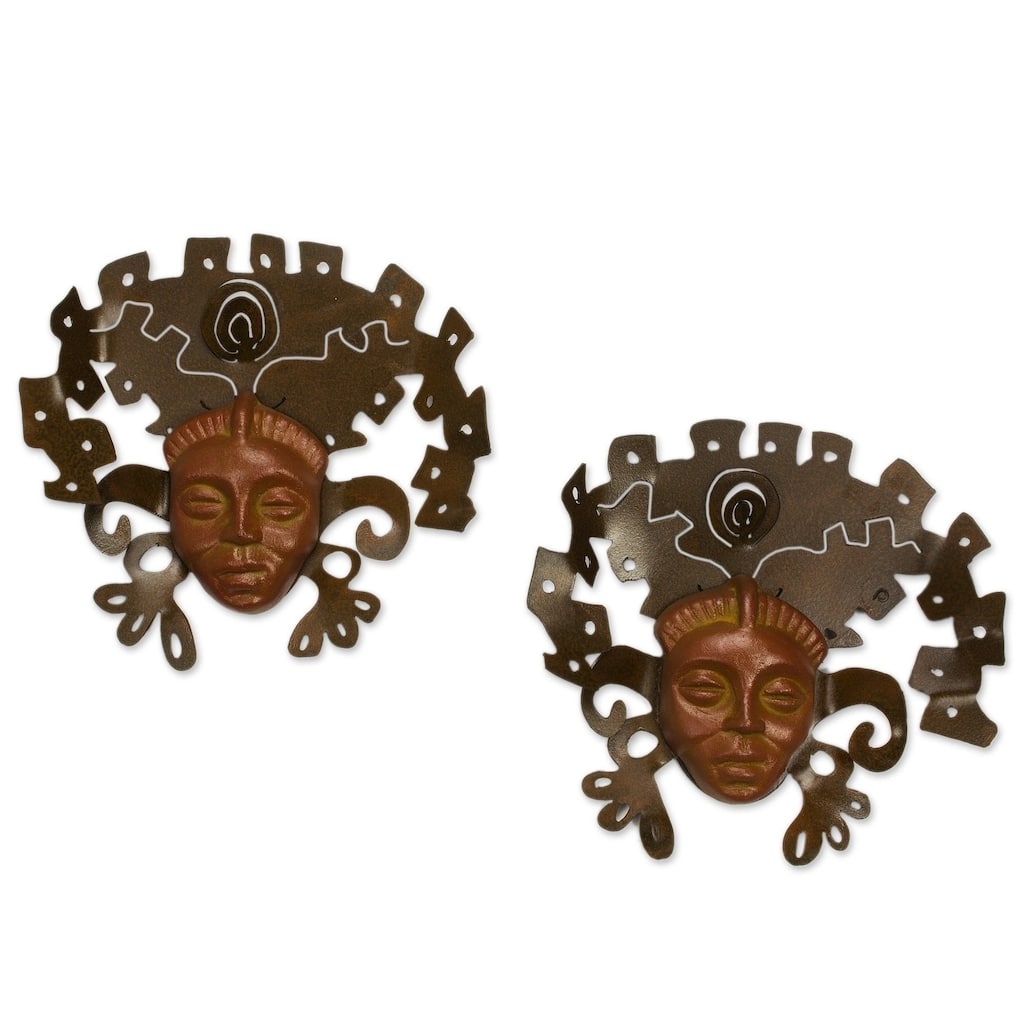 Iron and Ceramic 'Aztec Masks' Wall Adornment Pair