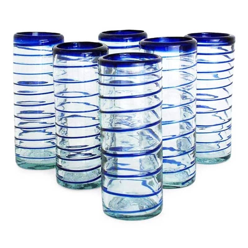 Cobalt Spiral Highball Glasses Set of 6 - 2.6 W * 2.6 L * 6 H - Aqua