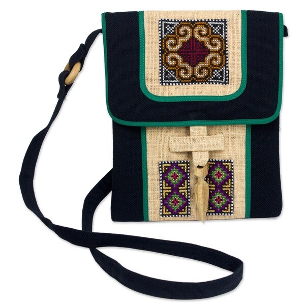 Colors of the Night Multicolor Tribal Embroidery on Black Cotton and Hemp Long Strap Womens Cross Body Mini Bag (Thailand)