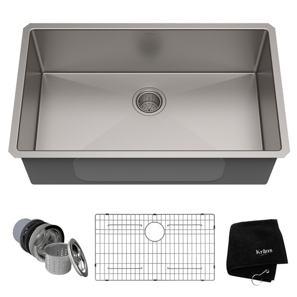 Kraus KHU100-32 Undermount 32-in 16G 1-Bowl Satin Stainless Steel Kitchen Sink, Grid, Strainer, Towel