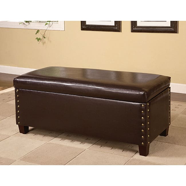 Dark Brown Bi-Cast Leather Storage Bench With Nailhead Trim