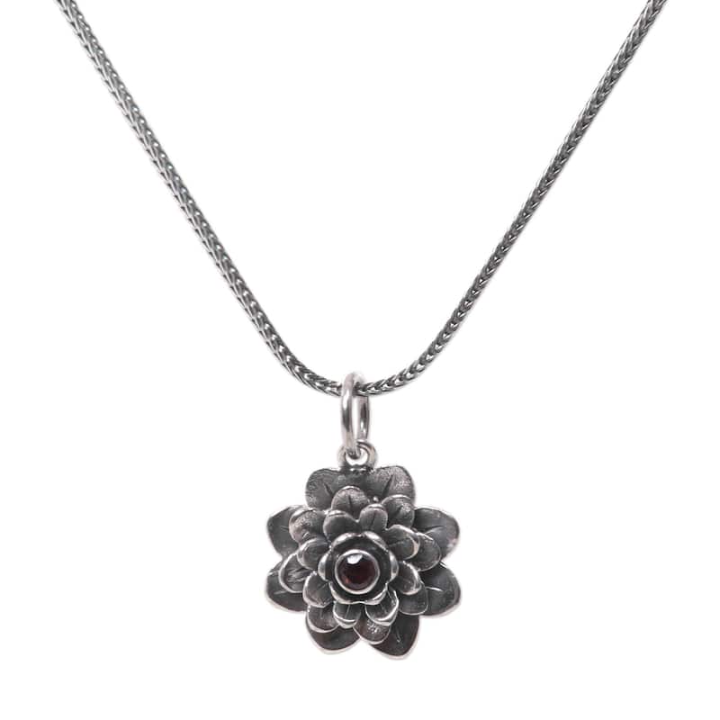 NOVICA Handmade Sacred Red Lotus Sterling Silver Garnet Necklace (Indonesia)