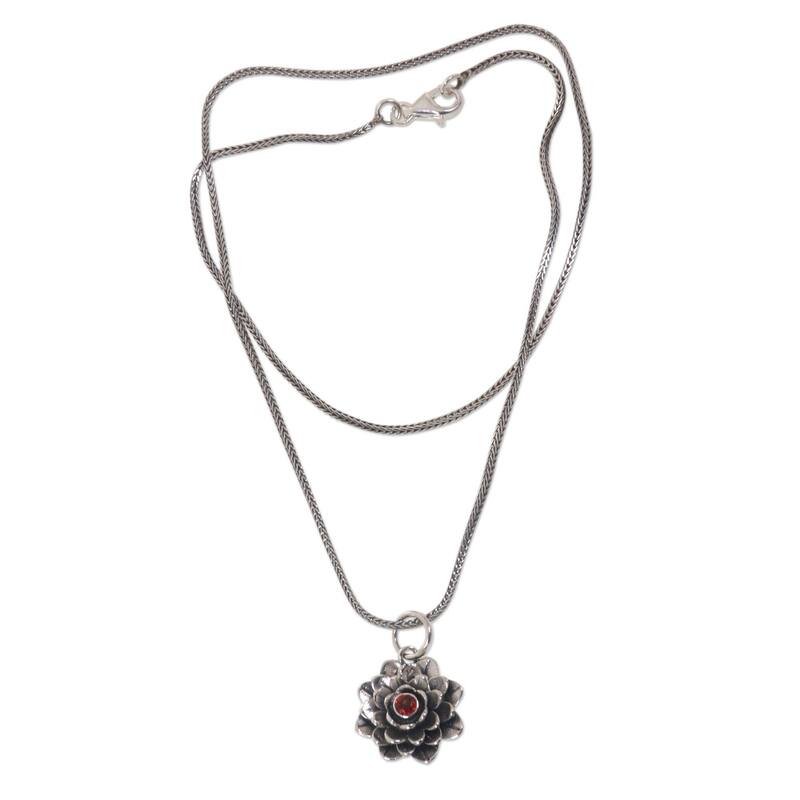 NOVICA Handmade Sacred Red Lotus Sterling Silver Garnet Necklace (Indonesia) - Red - 18 Inch - Red - Garnet - White