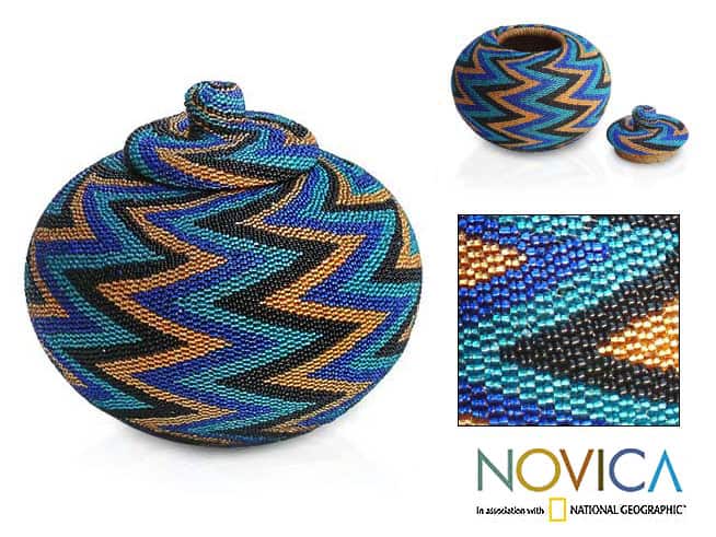 Beaded Rattan 'Ocean Thunder' Basket (Indonesia)