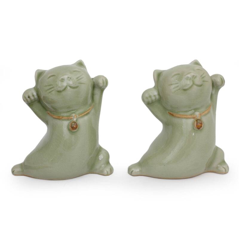 Handmade Good Luck Fortune Felines, Set of 2 (Thailand) - Celadon ceramic statuettes, 'Good Luck Cats' (pair) (THAILAN