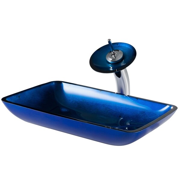 Kraus 3-in-1 Bathroom Set C-GVR-204-RE-10 Irruption Blue Glass Vessel Sink, Waterfall Faucet, Pop Up Drain