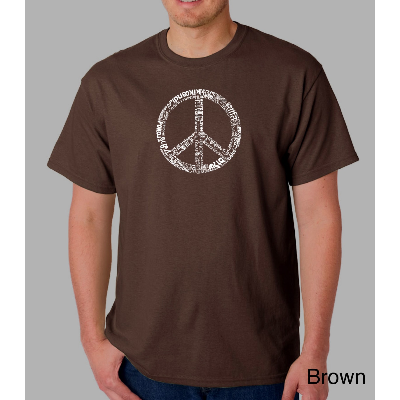 Los Angeles Pop Art Los Angeles Pop Art Mens 77 language Peace Symbol Brown Size 3XL