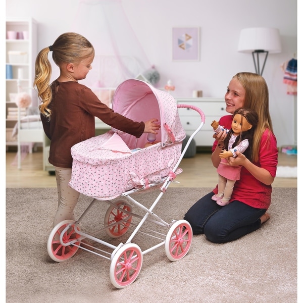Baby Doll Stroller Carriage Fold Wheel Girl Mommy Toy Deluxe Pink Buggy Play 